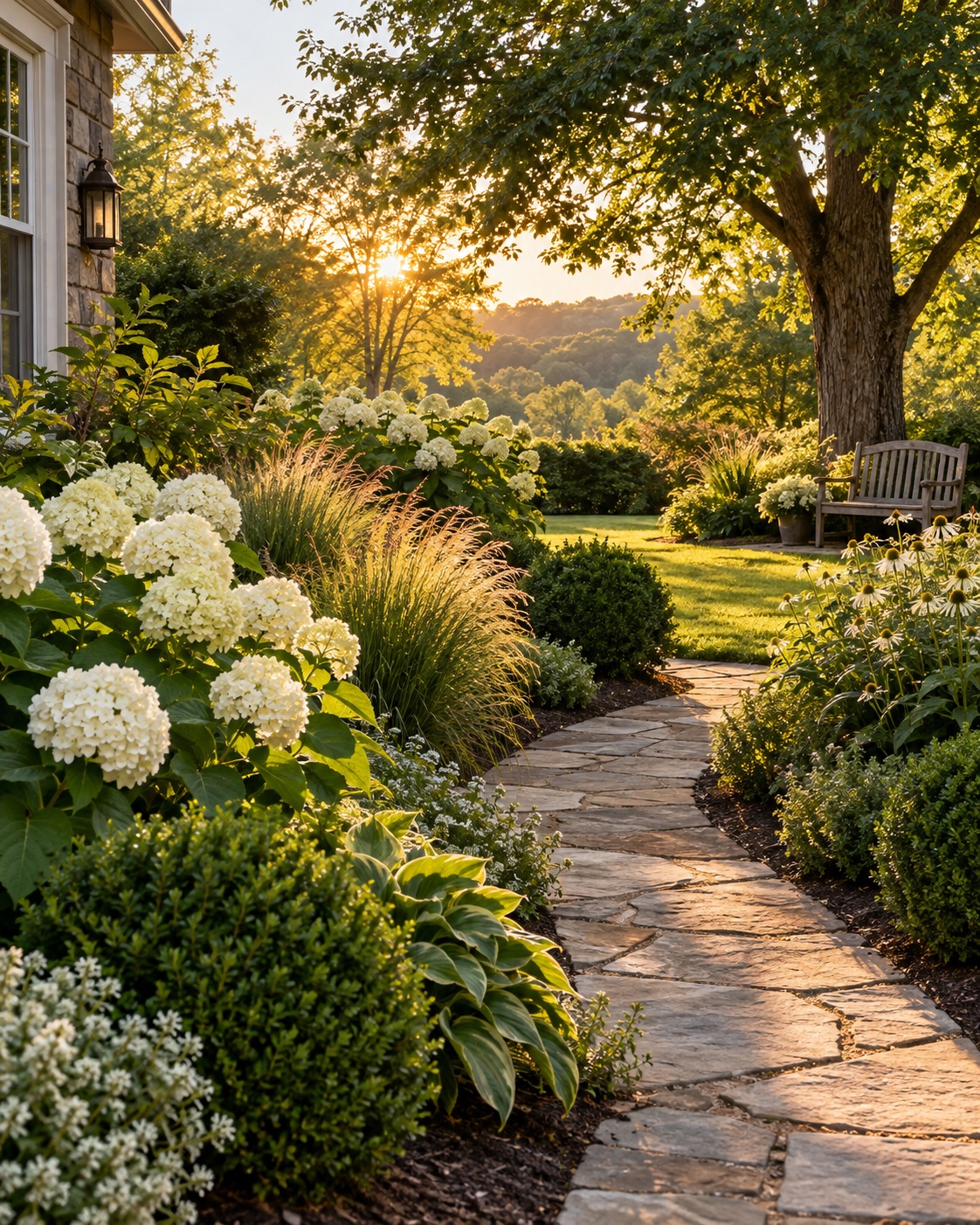 Illustrative garden with a stone path and layered planting in evening light