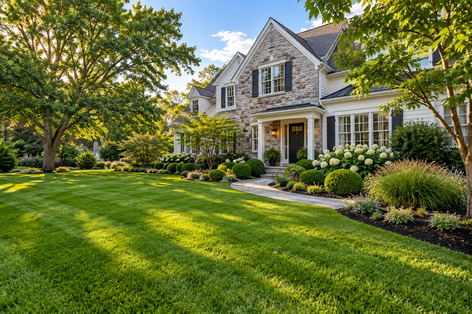 Illustrative Pennsylvania landscape with a lush lawn, planting beds and stone walkway